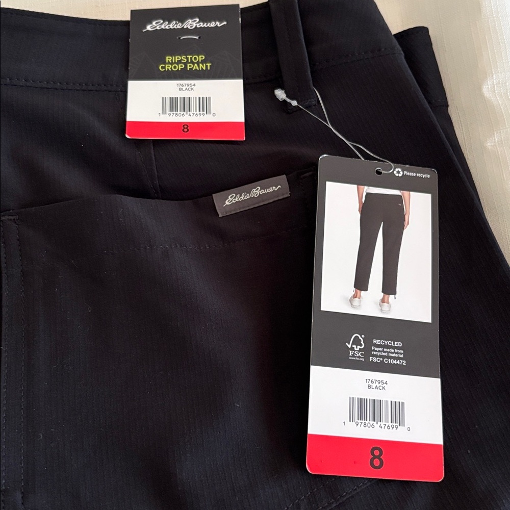 Pants crop riptop womens new size 8 black polyester spandex pockets Eddie Bauer - Picture 2 of 7